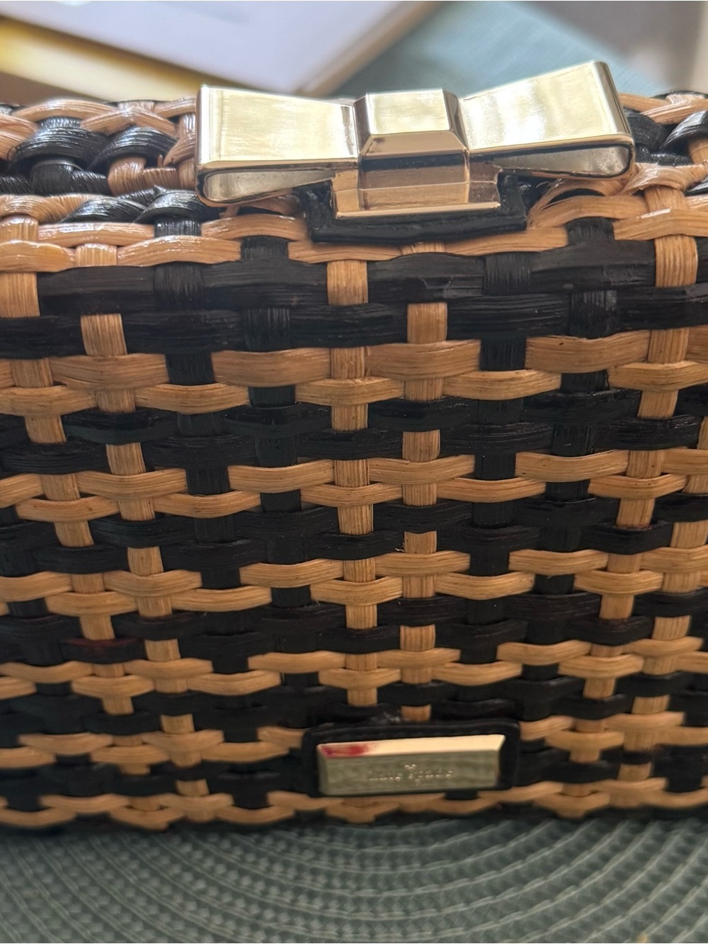 kate spade Black and Tan Woven Shoulder Bag with Gold Bow Accent